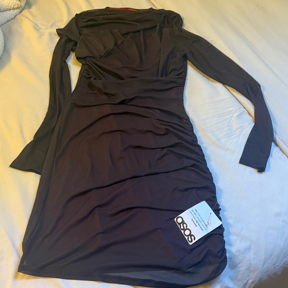 Deep Burgundy Long Sleeve Dress with Ruching - Picture 7 of 10